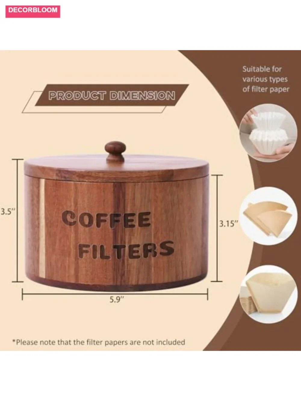 Acacia Wood Coffee Filter Holder with Lid - Rustic Kitchen Counter Organizer &